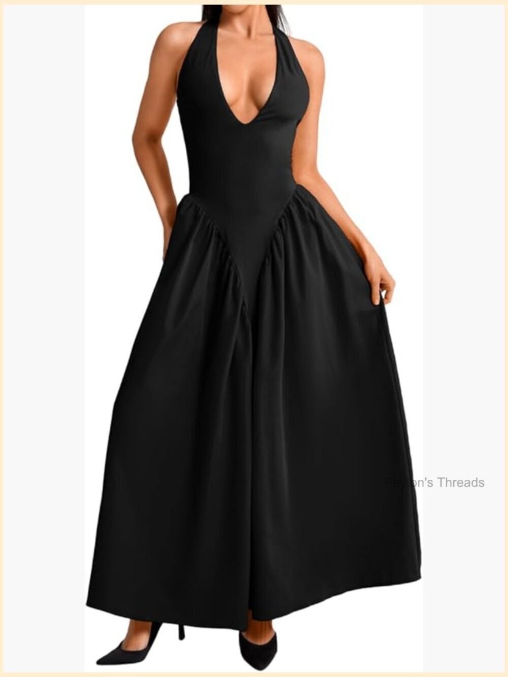 Deep V Neck Halter Maxi Dress with Corset Bodice for Wedding Guest